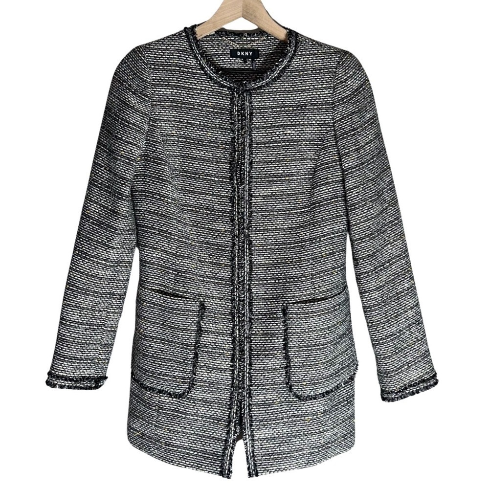 DKNY Womens Gray/Black/YellowTweed Hidden Clasp Front Jacket - Size 2